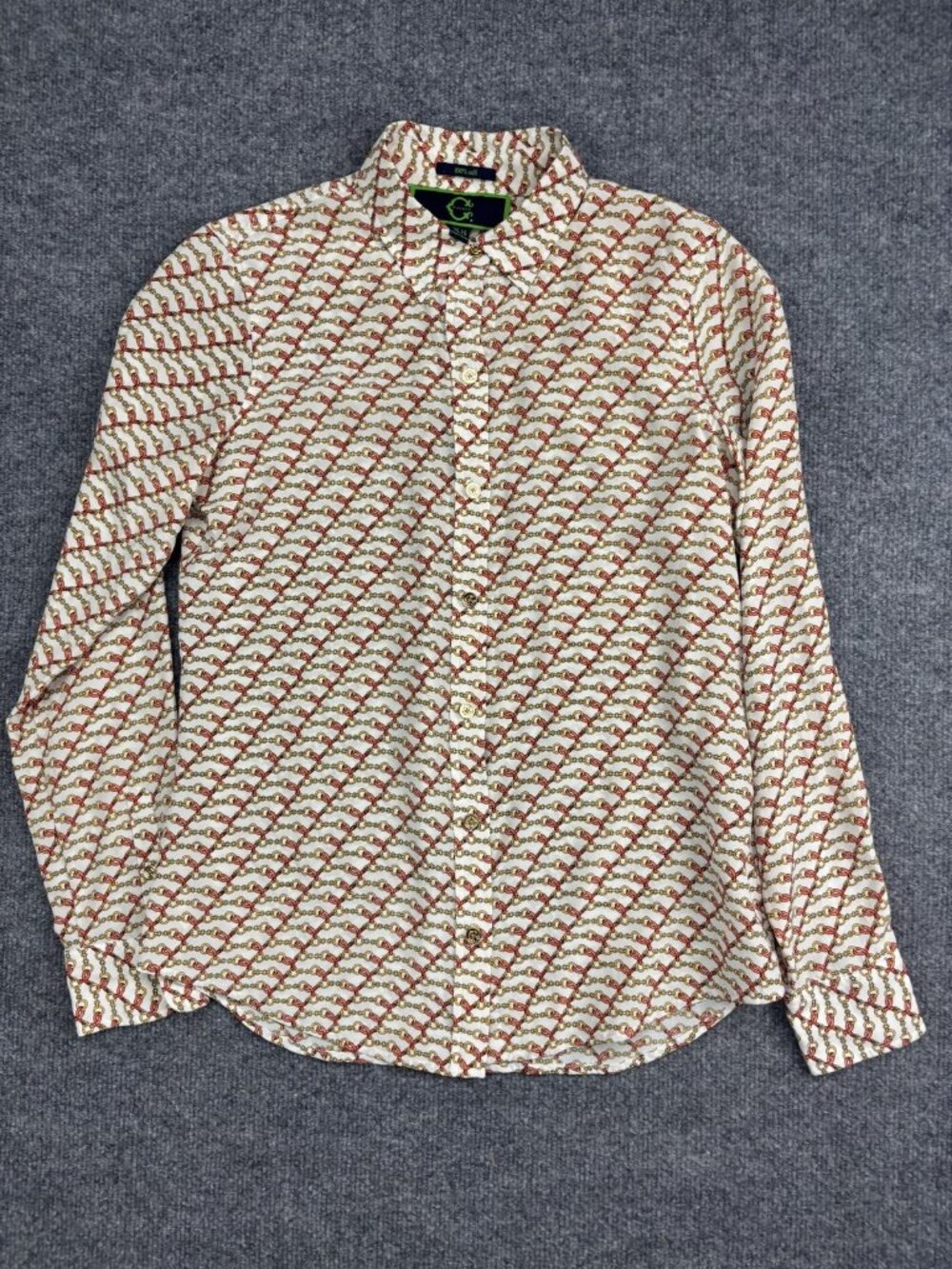 C Wonder Shirt Womens XS White Red Gold Chain Print 100% Silk Button Up Blouse